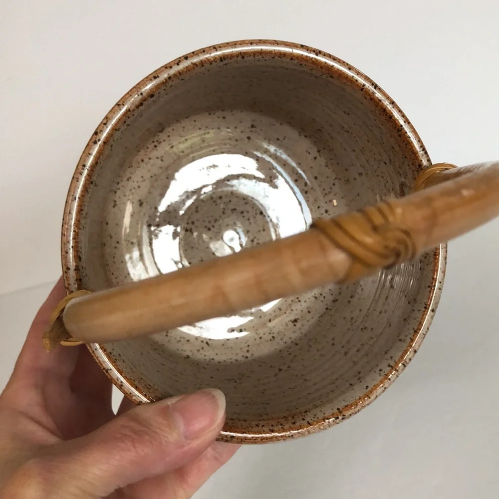Art Pottery Glazed Basket Style Bowl With Bamboo Handle-Signed